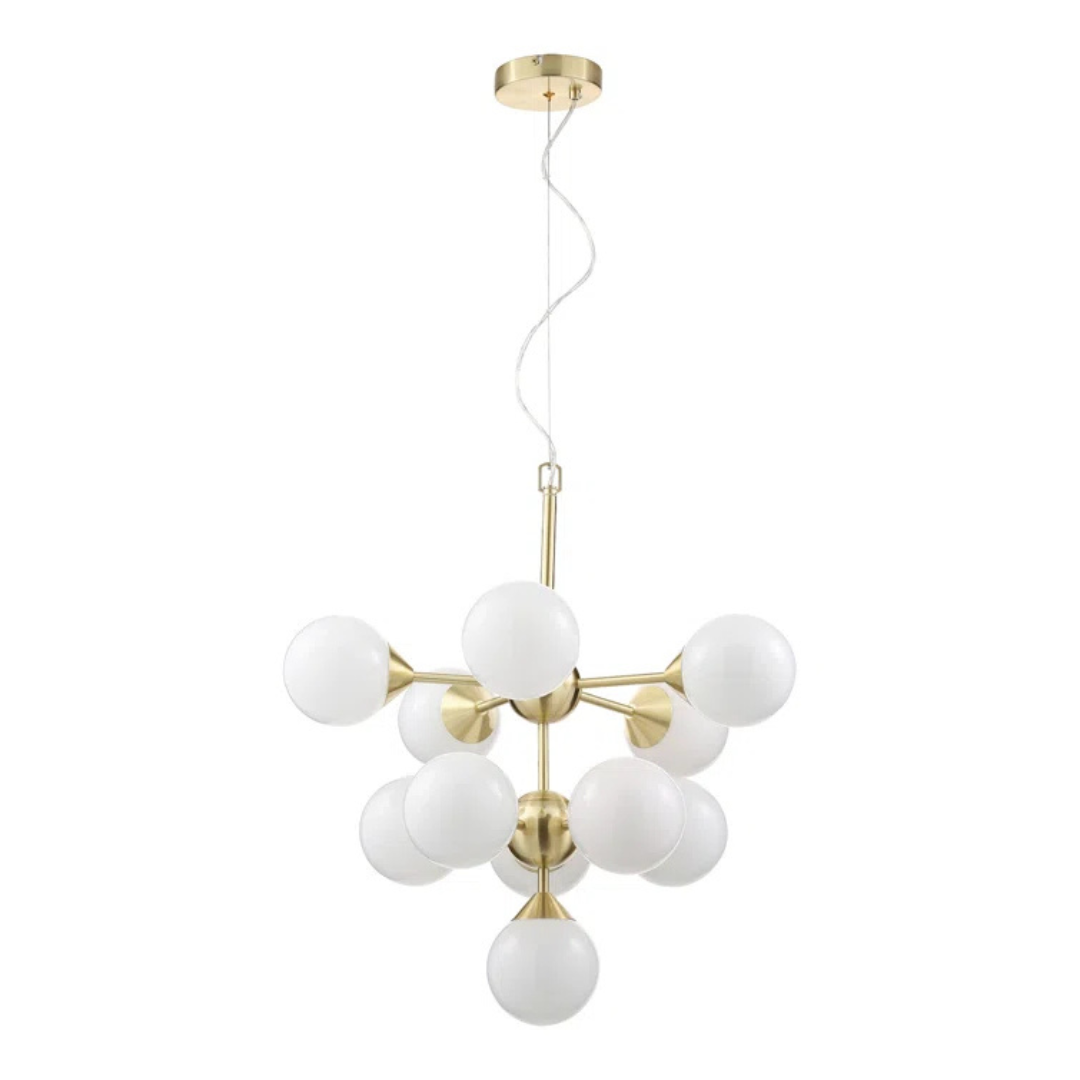 Modern chandelier with gold fixtures and white spherical bulbs on a white background