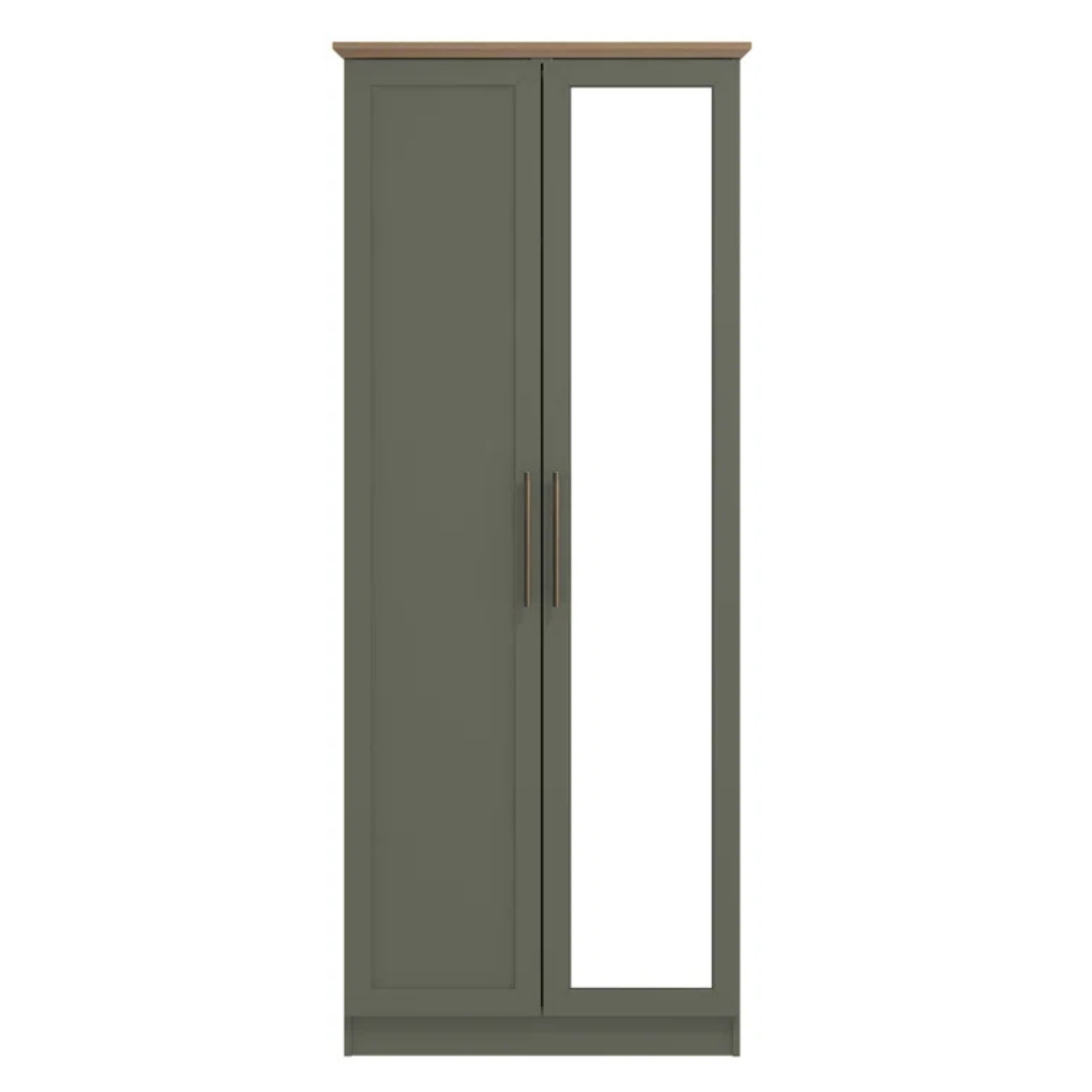 Green wardrobe with a single mirror door on a white background