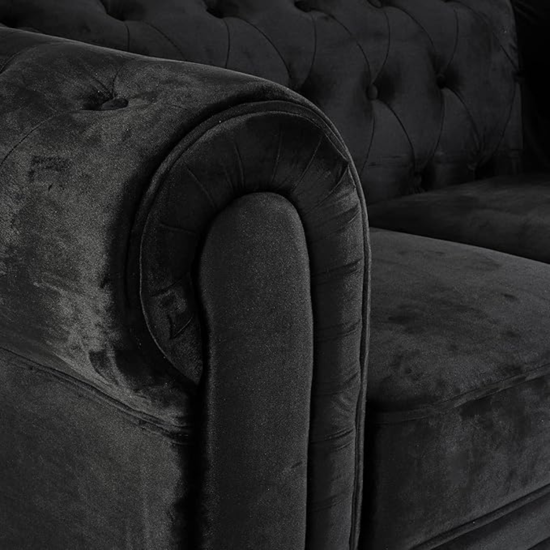 2-Seater Black Velvet Chesterfield Settee, close up of velvet material.