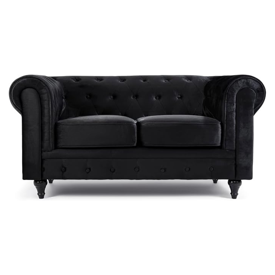 2-Seater Black Velvet Chesterfield Settee, front view.