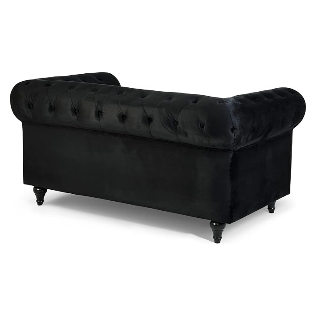 2-Seater Black Velvet Chesterfield Settee, back view.