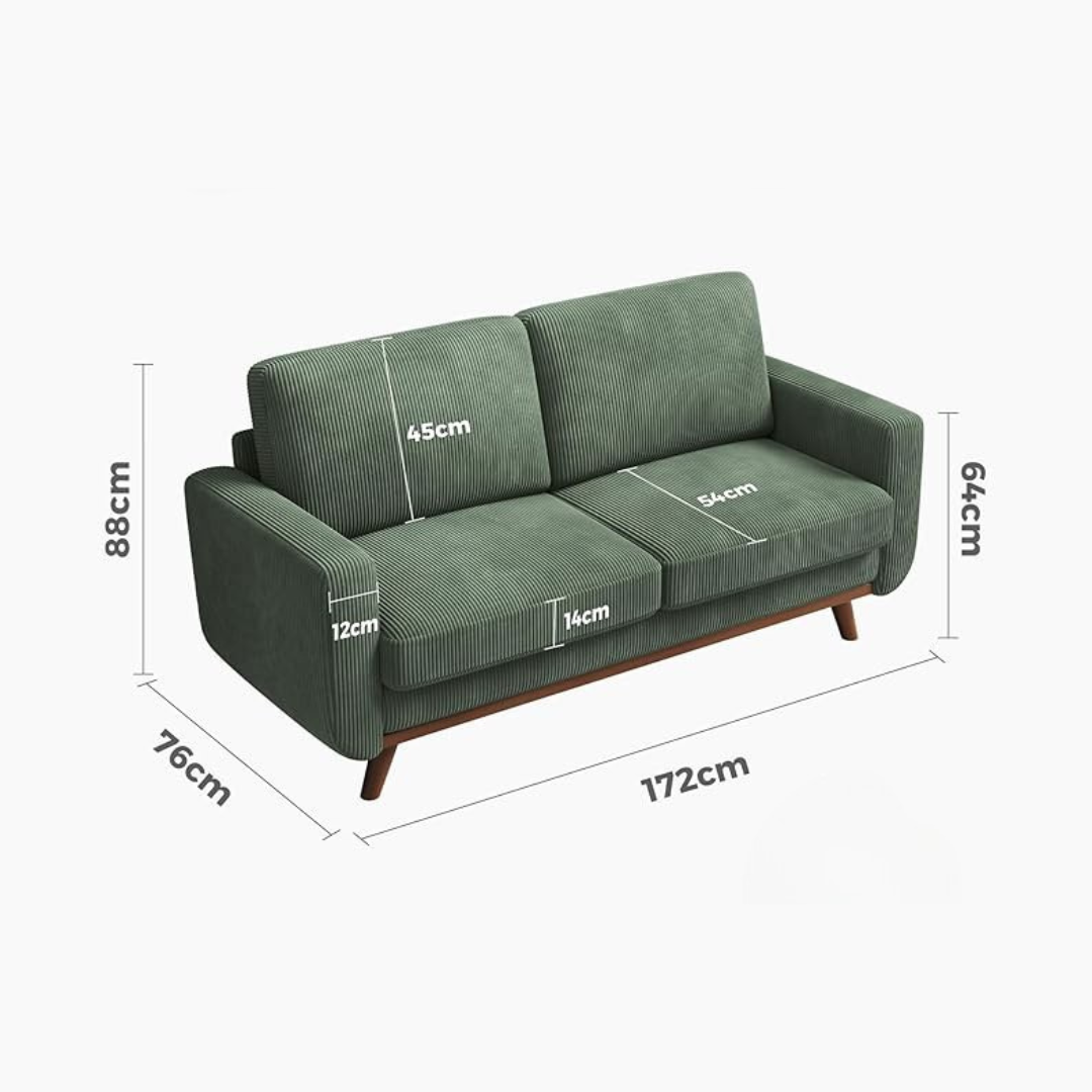 Green sofa with dimensions labeled on a white background