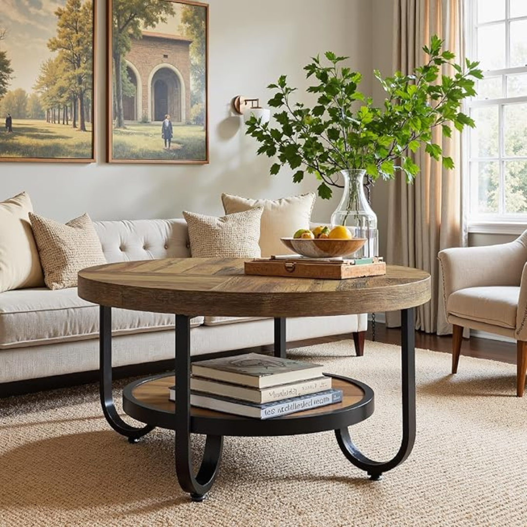 Coffee table with curved black legs and storage shelf, set in a rustic/modern home.
