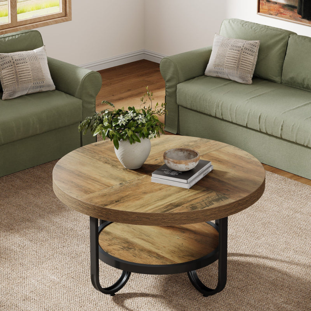 Coffee table with curved black legs and storage shelf, set in a mid century styled living room.