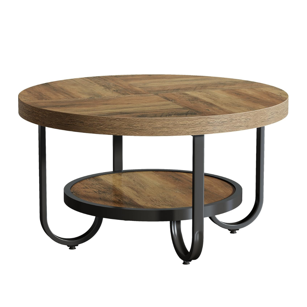 Coffee table with curved black legs and storage shelf, white background.