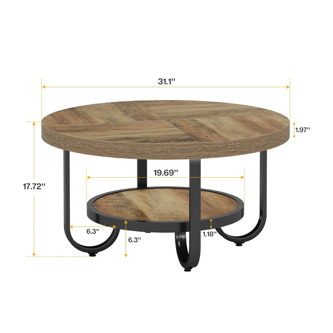 Coffee table with curved black legs and storage shelf, dimensions.