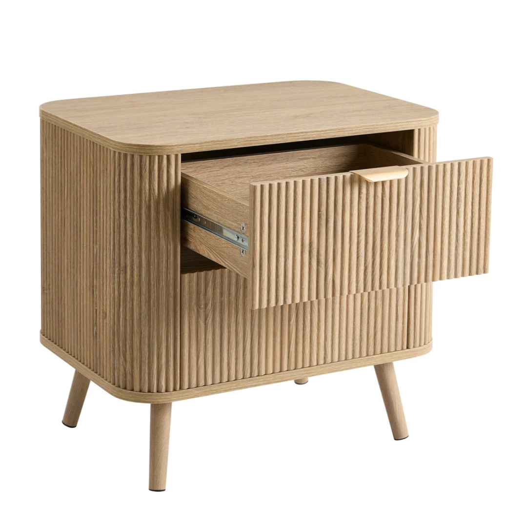 Wooden side table with a textured finish and a drawer on a white background
