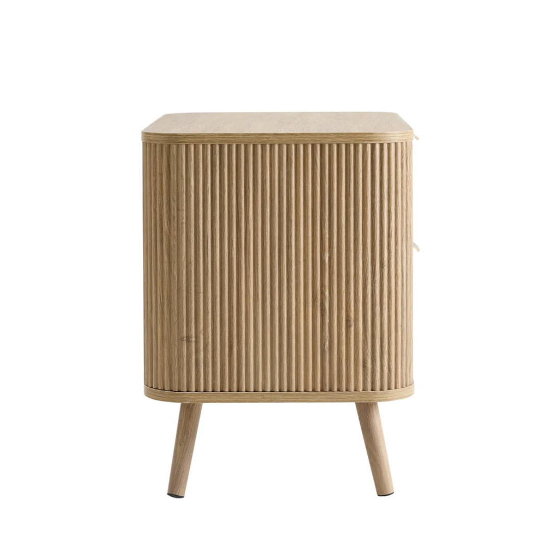Wooden side table with a ribbed design on a white background