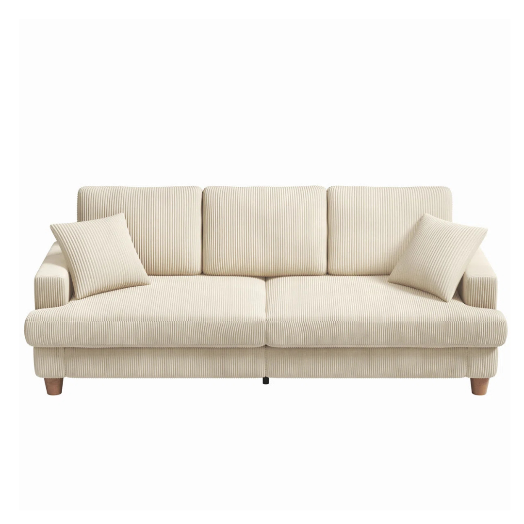 3-Seater Beige Corduroy Fabric Sofa, white background, front view.