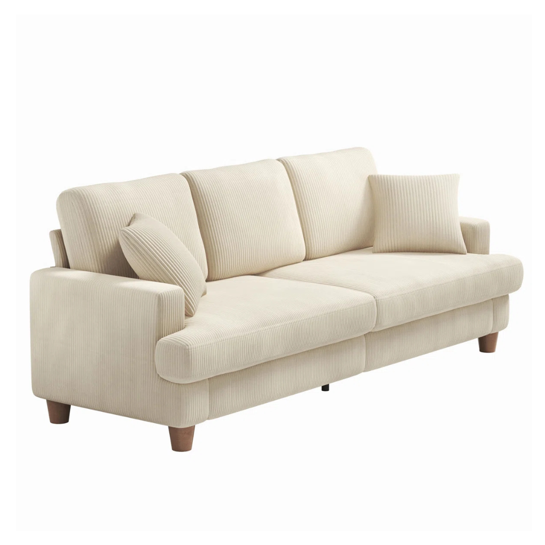3-Seater Beige Corduroy Fabric Sofa, white background, angled view.