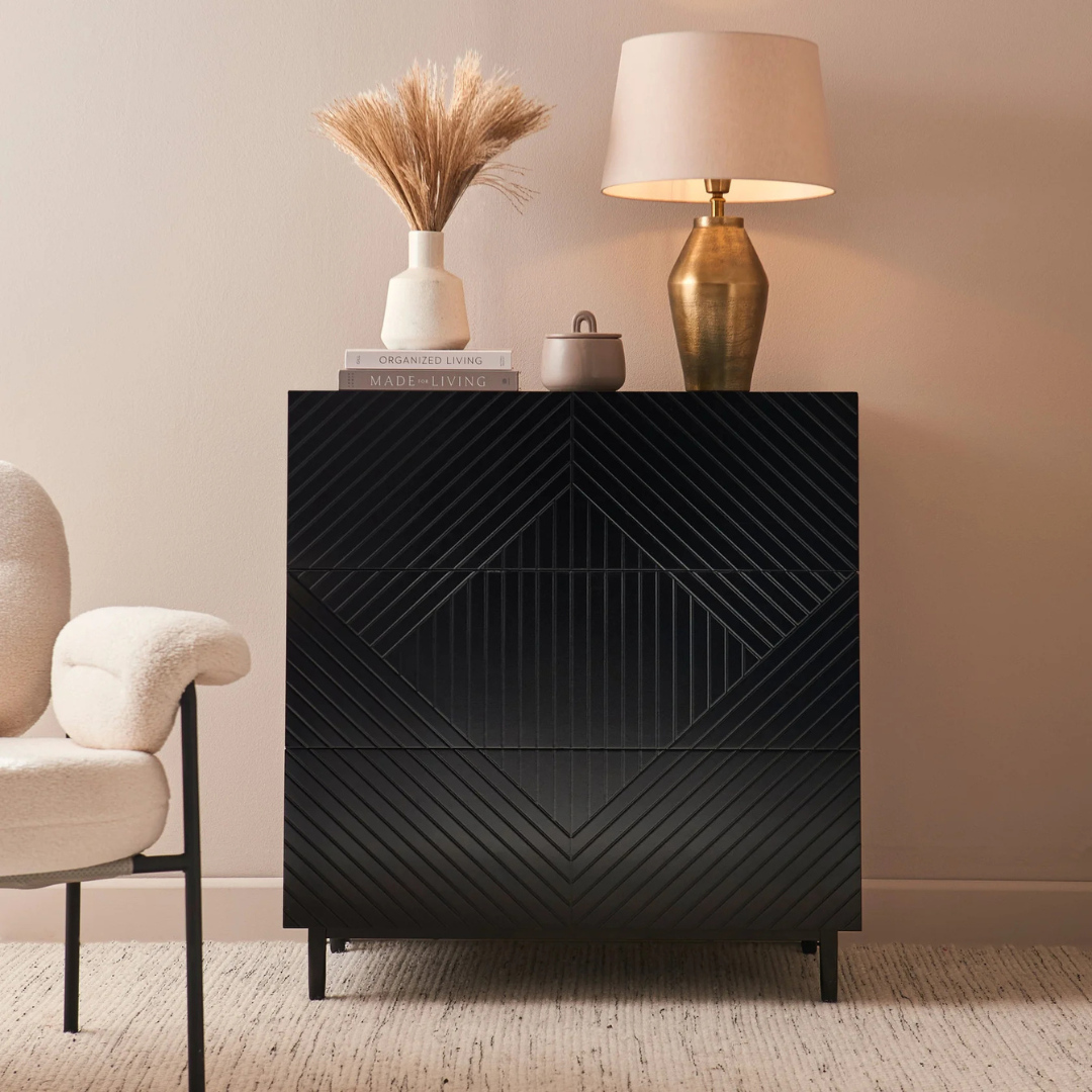 3 Geometric Black Bedroom Drawers, front view of modern home.
