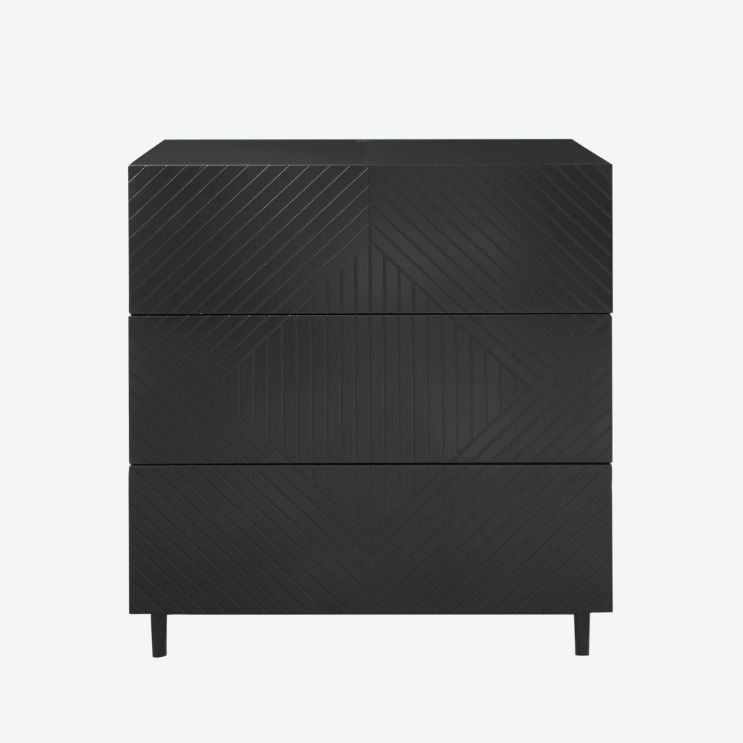 3 Geometric Black Bedroom Drawers, white background, front view.
