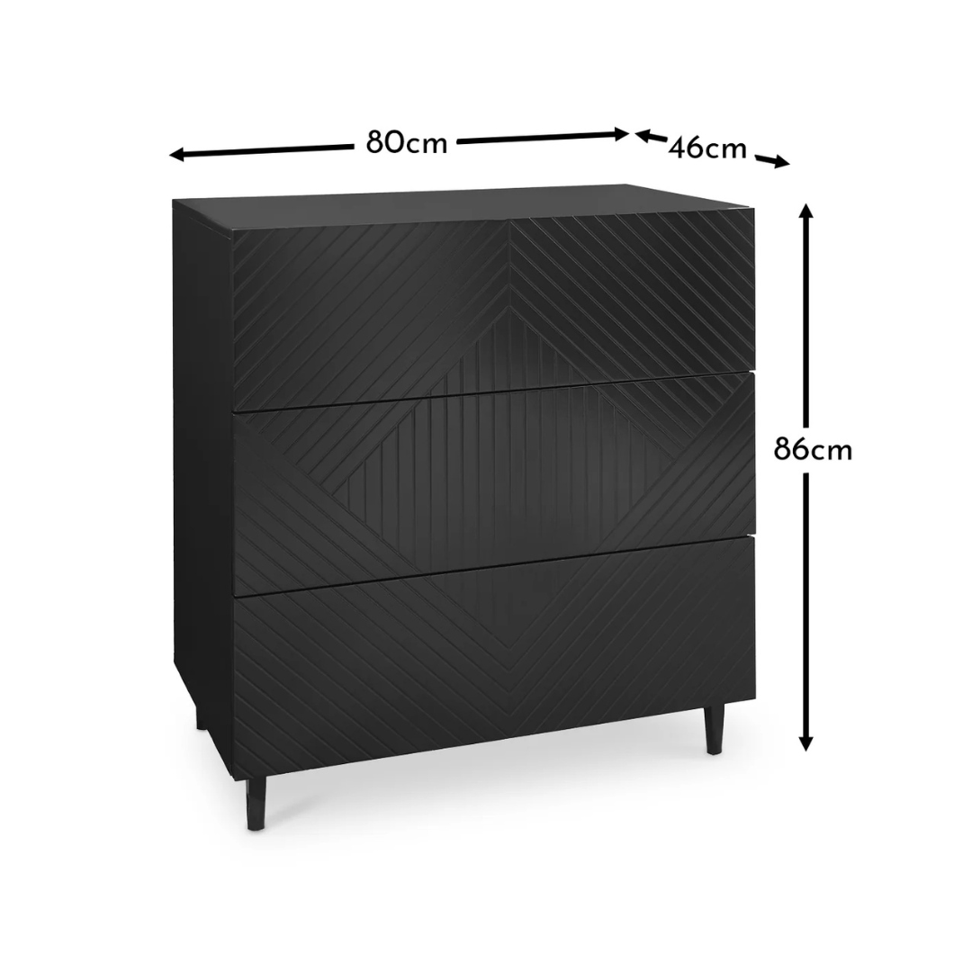 3 Geometric Black Bedroom Drawers, dimensions.