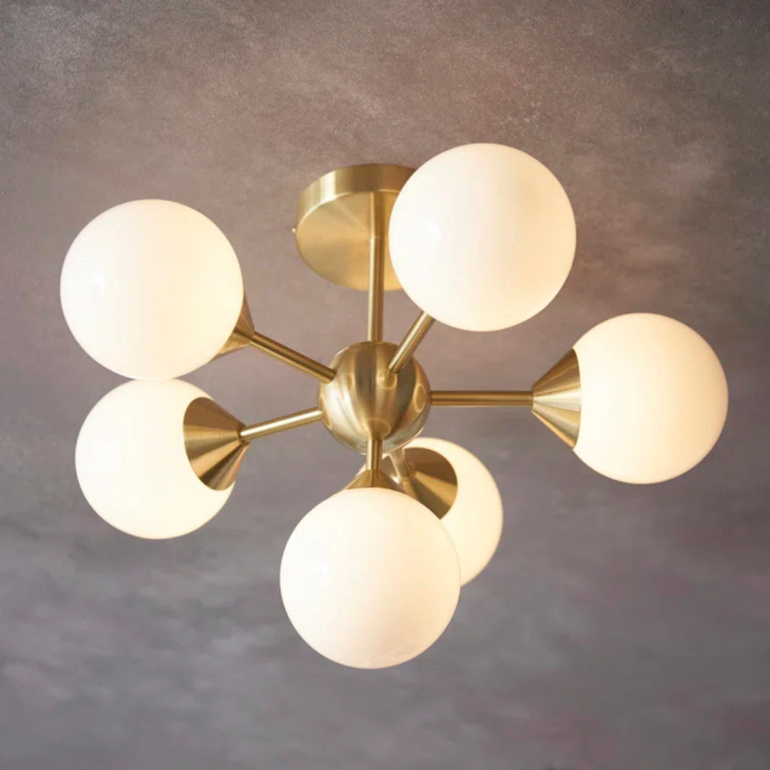 Modern ceiling light fixture with gold finish and white glass shades on a gray background