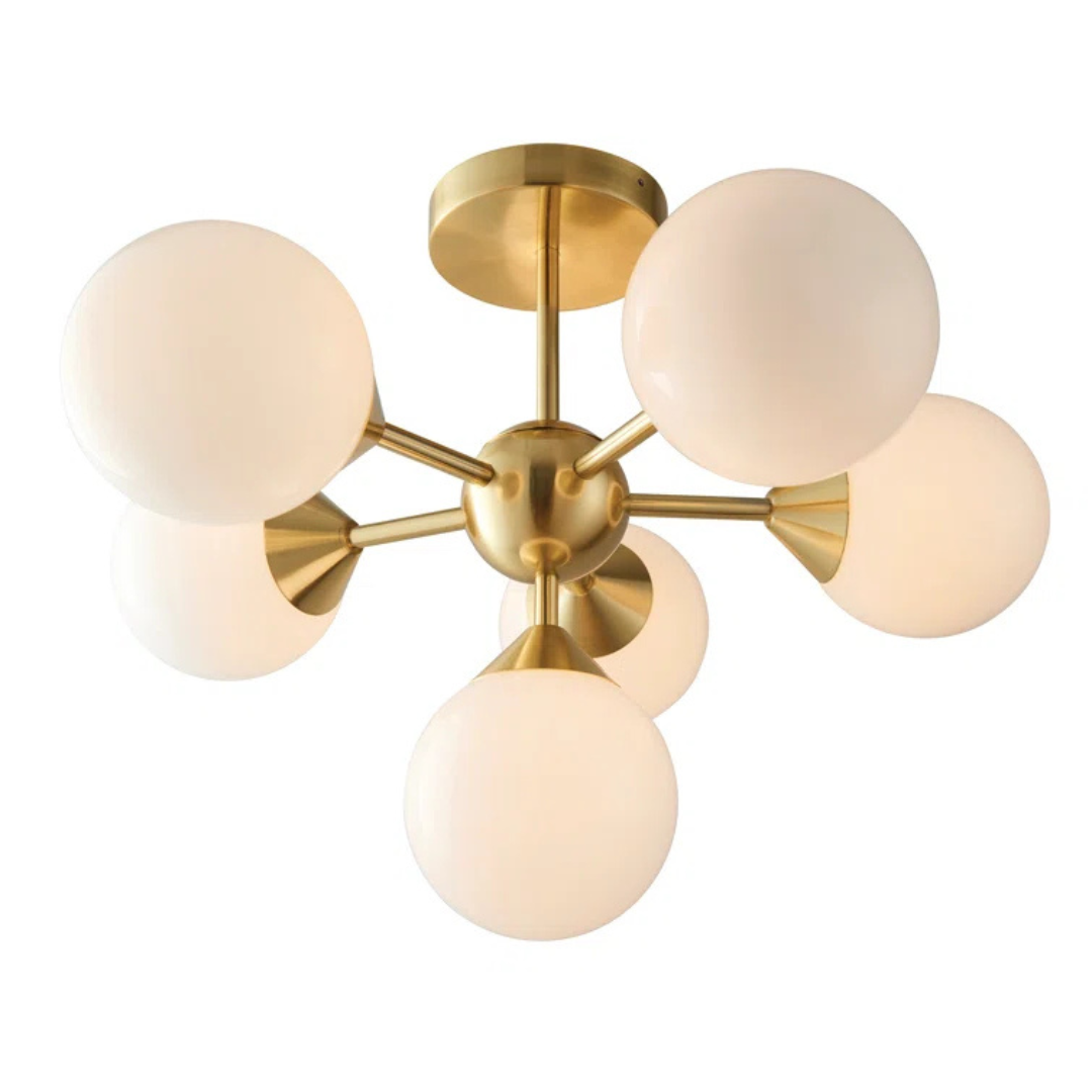 Modern ceiling light fixture with gold finish and white glass shades on a white background
