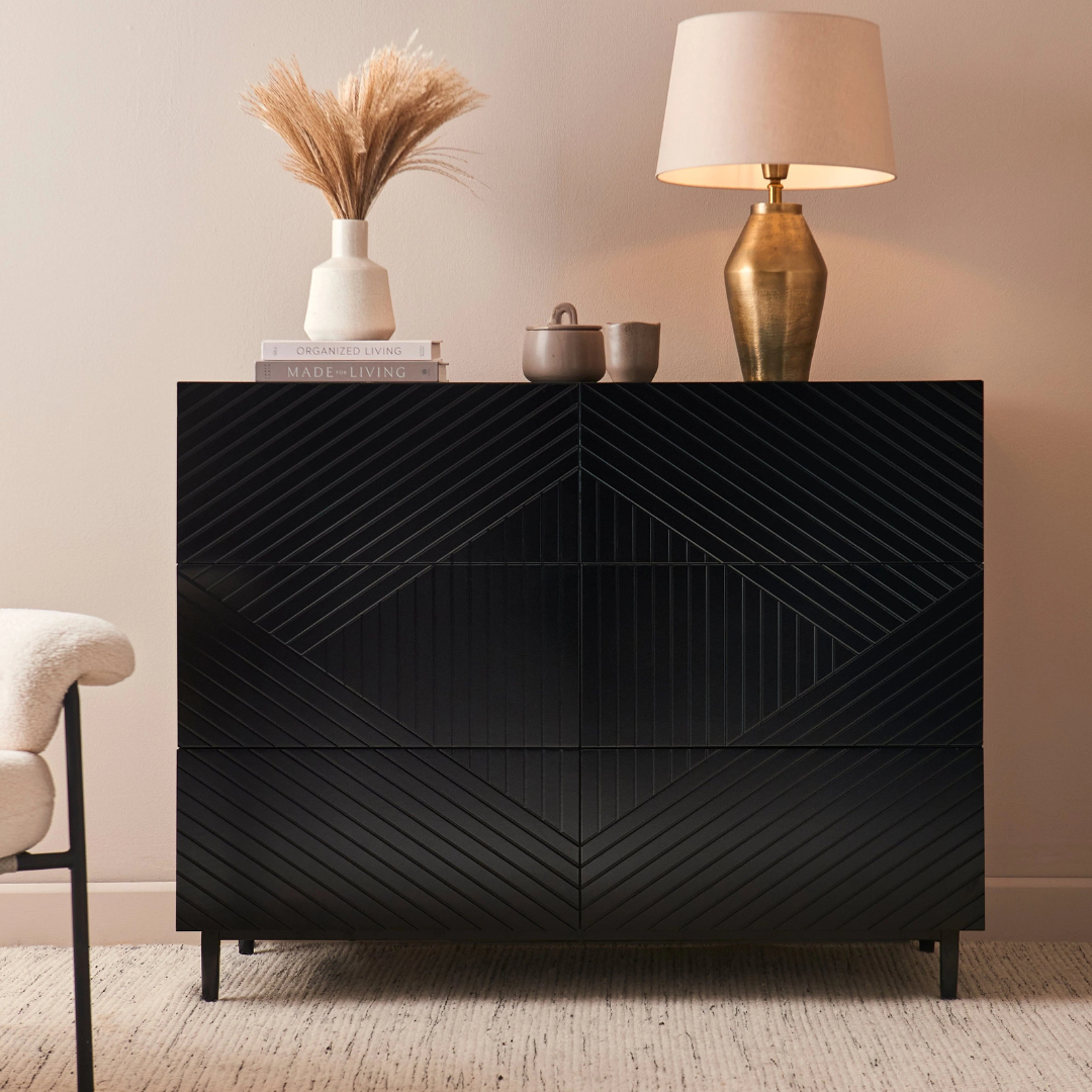 6 Geometric Black Bedroom Drawers, front view, set in a modern model home.