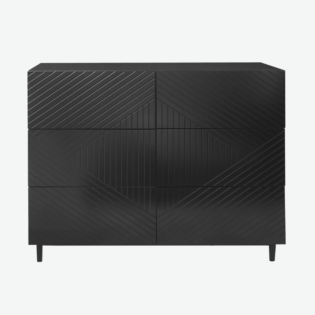 6 Geometric Black Bedroom Drawers, white background, front view.