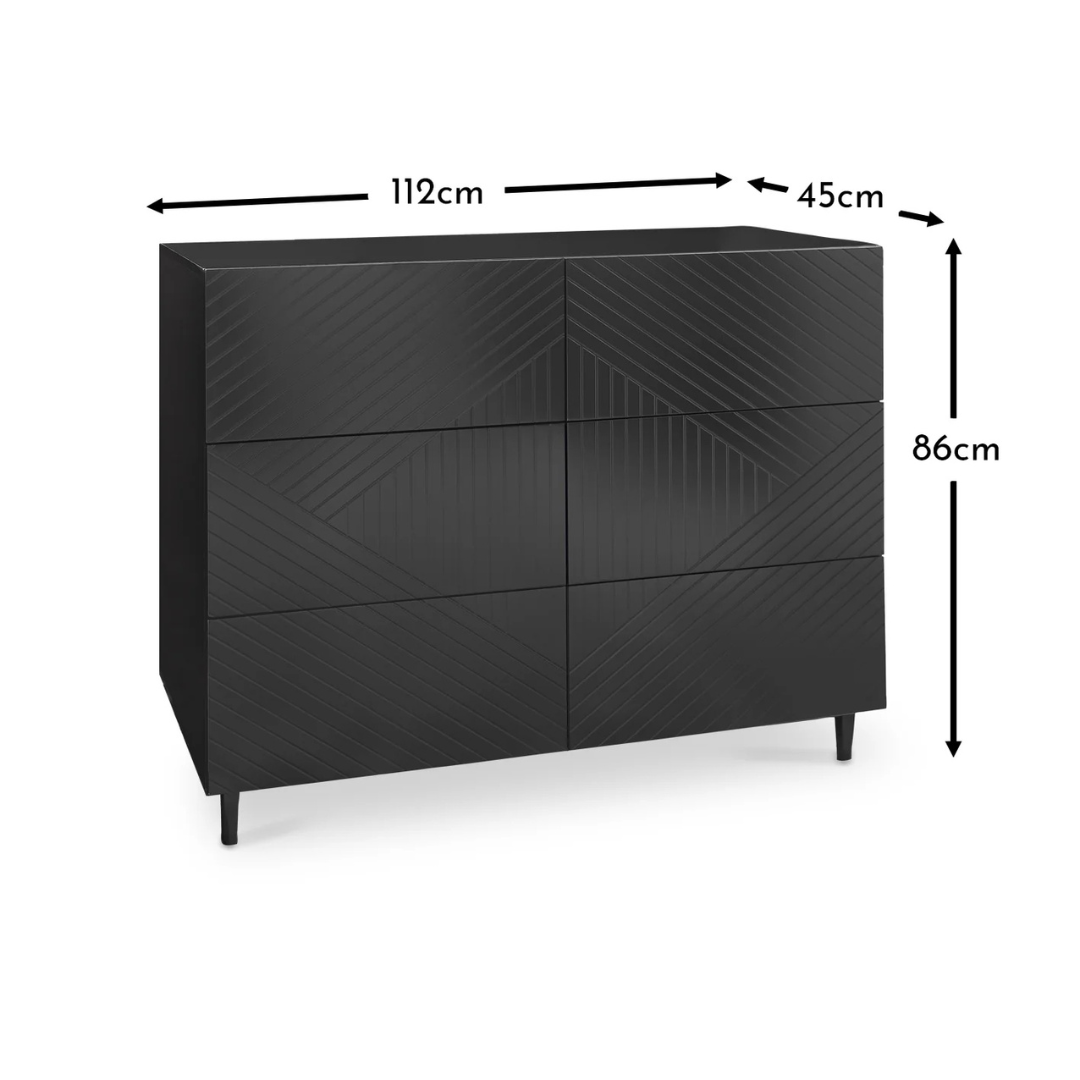 6 Geometric Black Bedroom Drawers, Dimensions.
