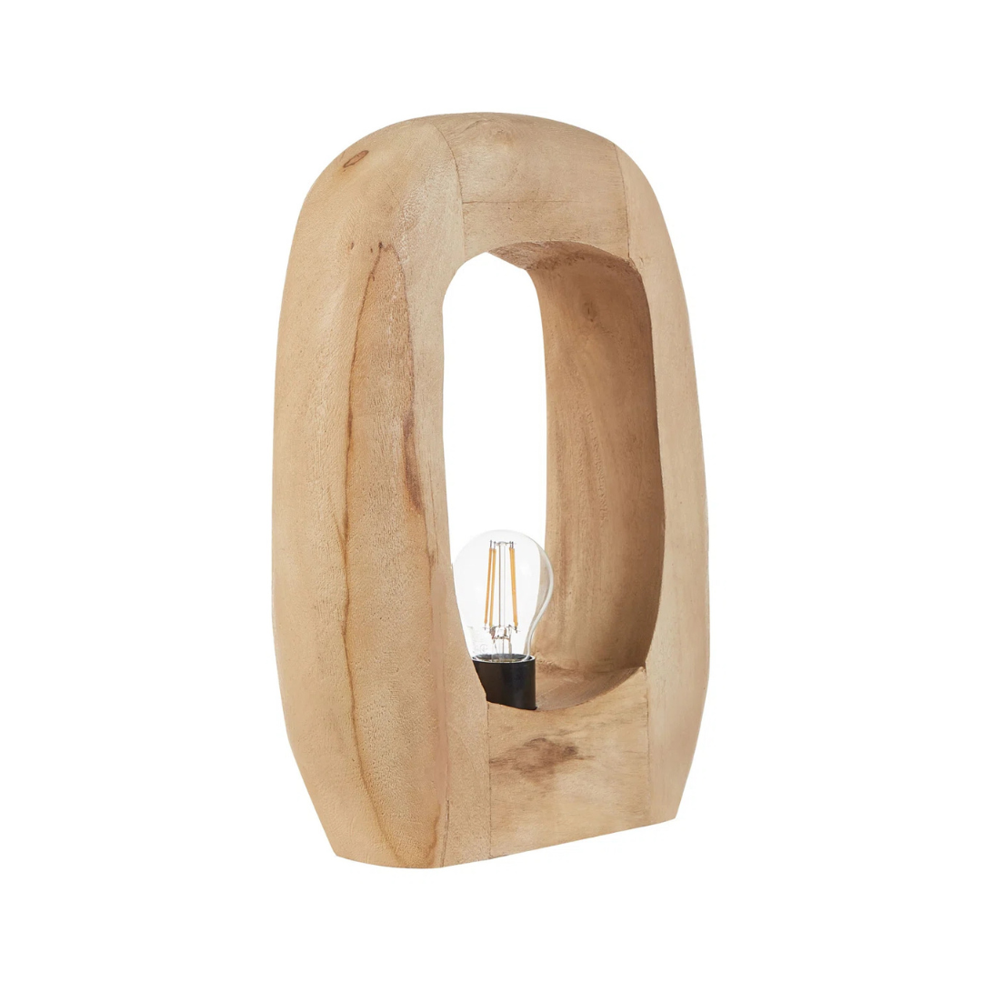 Wooden table lamp with a unique design on a white background