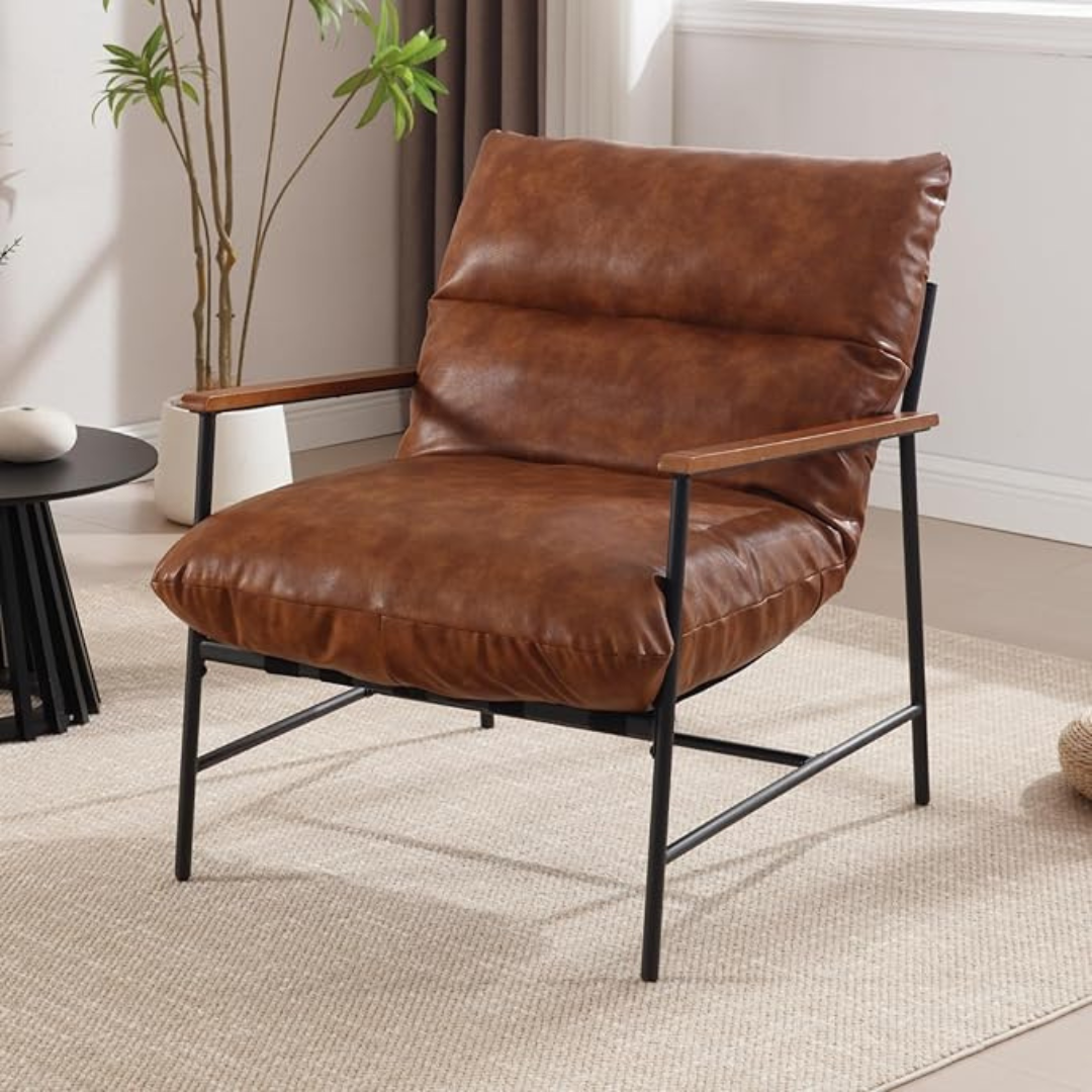 accent chair with metal frame and deep cushioned seat, brown cushions in a modern living space.