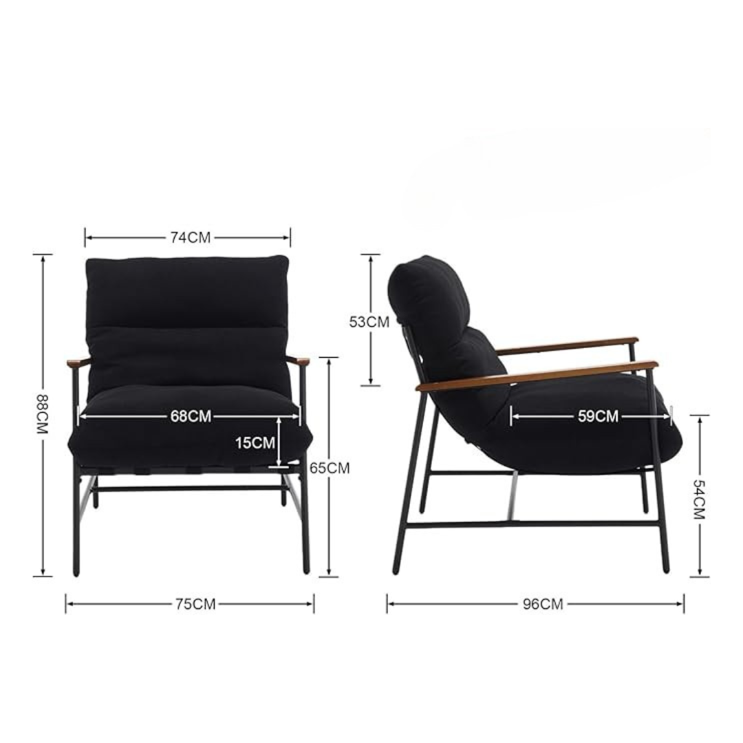 accent chair with metal frame and deep cushioned seat, dimensions.