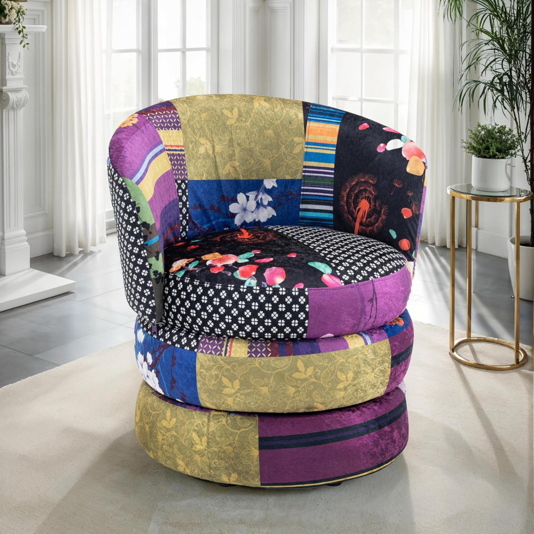 Accent Patchwork Fabric Swivel Armchair, set in a modern home.