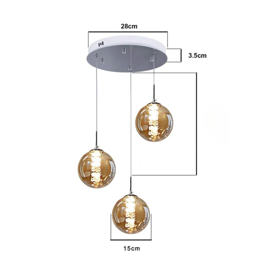 Pendant light fixture with three glass bulbs and measurements on a white background