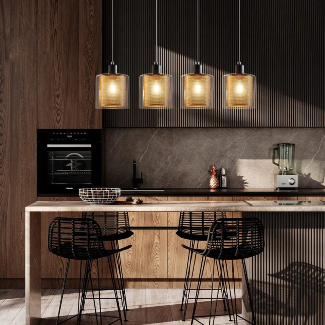 Modern kitchen with pendant lights, island, and bar stools.