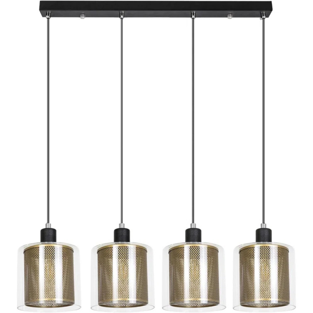 Pendant light fixture with four mesh-covered lampshades on a white background