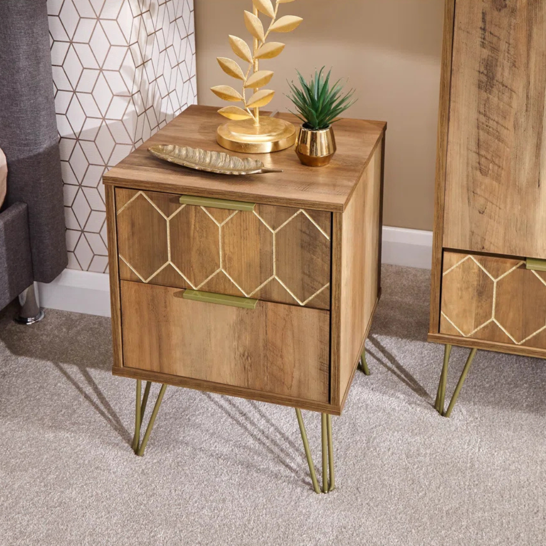 Art Deco Wood Bedside Drawers, set in a modern bedroom.