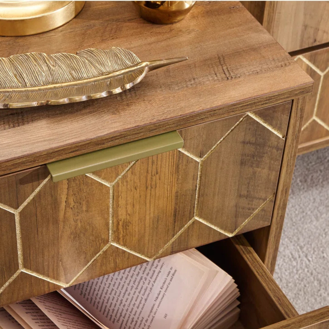 Art Deco Wood Bedside Drawers, close up of art deco pattern.