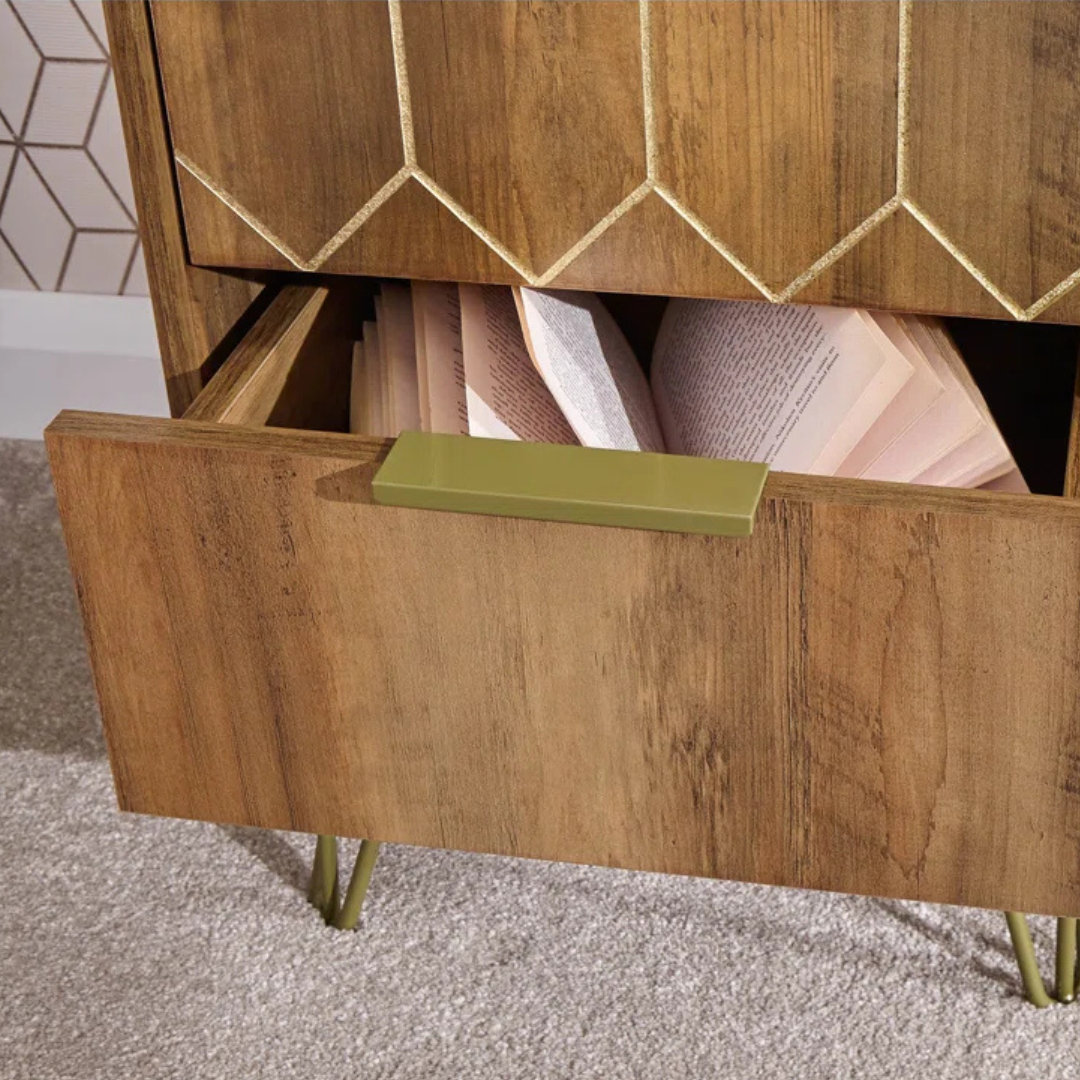 Art Deco Wood Bedside Drawers, close up of bottom drawer open.