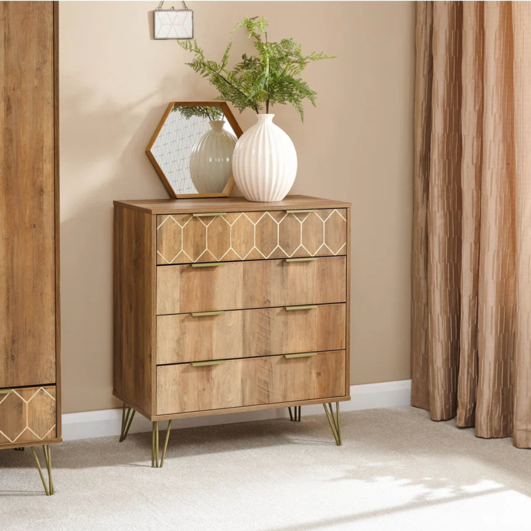 Art Deco Wooden Bedroom Chests Of Drawers, set in a modern bedroom.