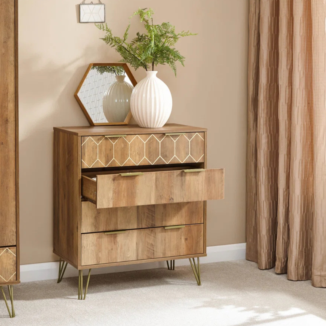 Art Deco Wooden Bedroom Chests Of Drawers, set in a modern bedroom, with drawer open.