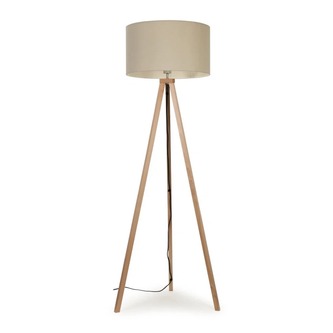 Triangular floor lamp with beige shade on a white background