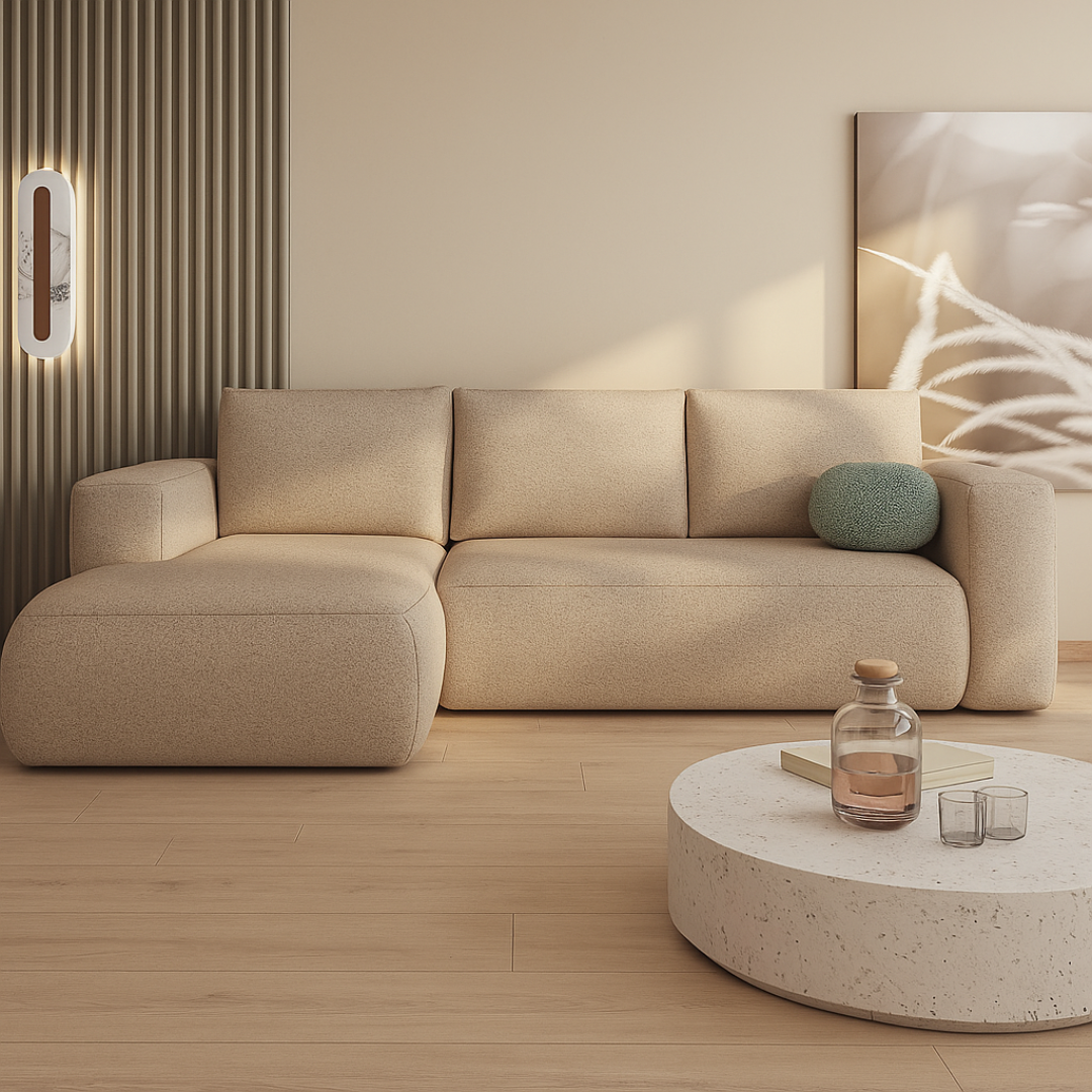 Beige L-Shape Modern Boucle Corner Sofa, Set in a modern home.