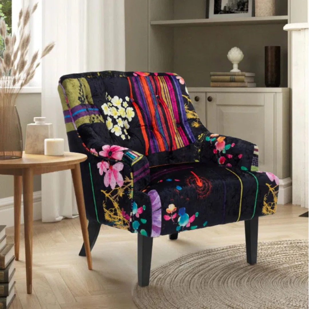Black Accent Patchwork Armchair, set in a modern home.