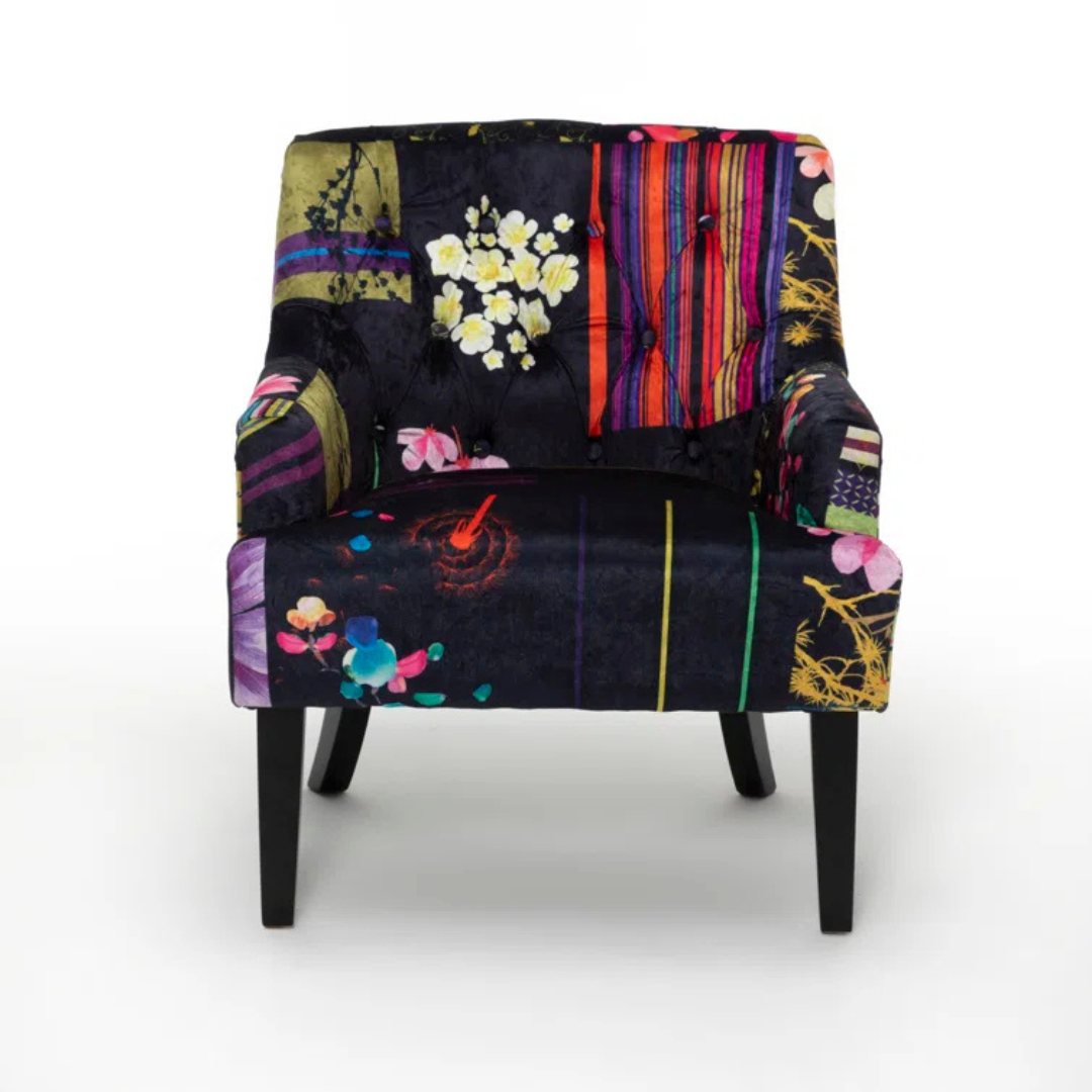 Black Accent Patchwork Armchair, front view.