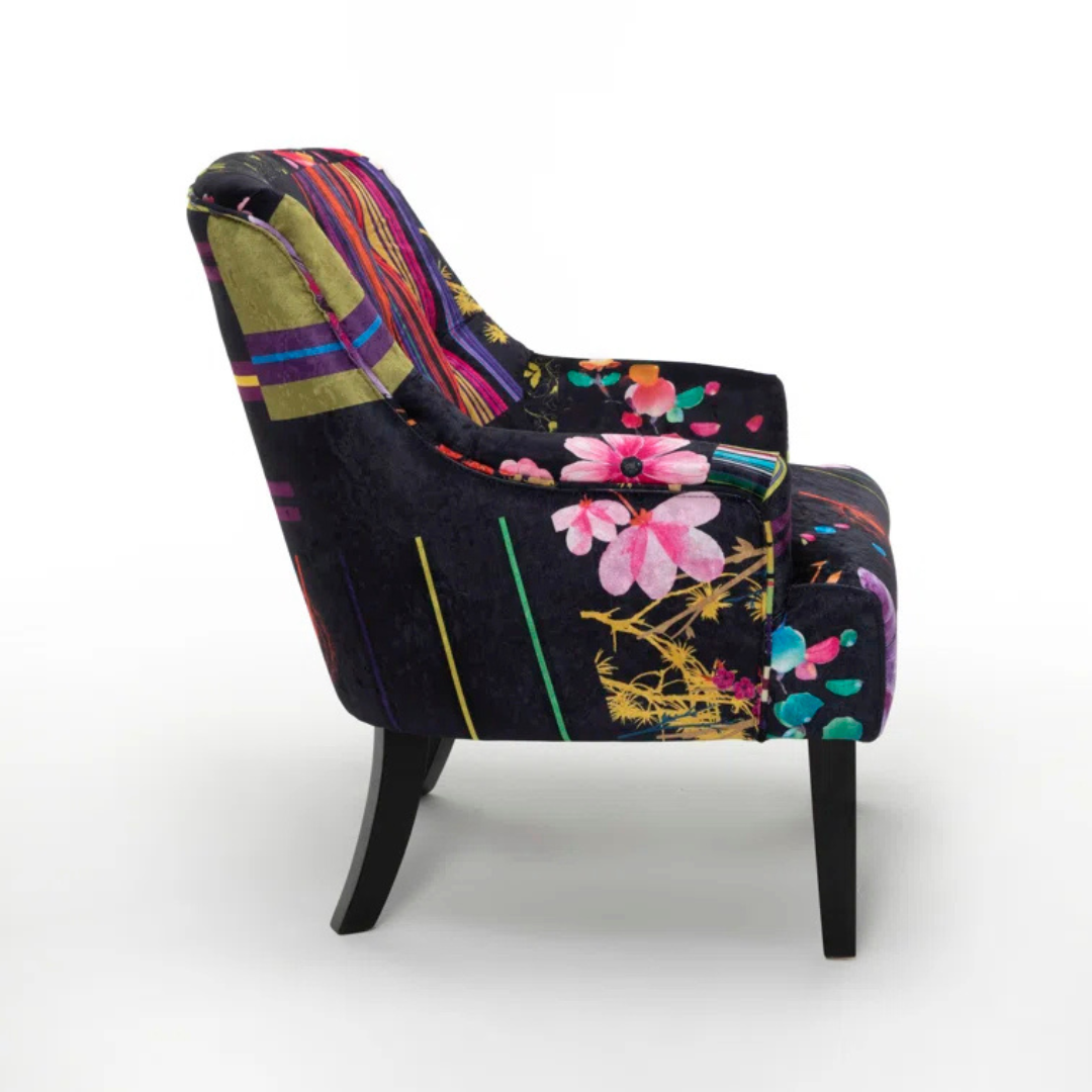 Black Accent Patchwork Armchair, side view.