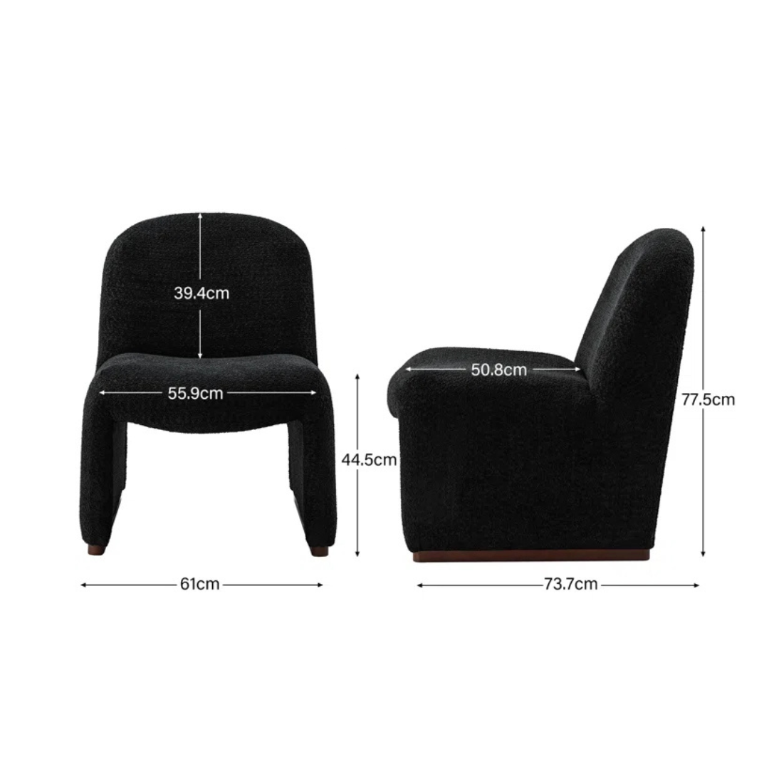 black boucle funky accent chair with curved design, dimensions.