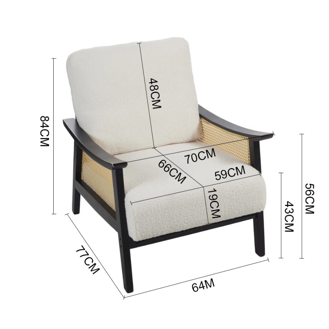 black indoor rattan armchair with curved open weave design, dimensions.
