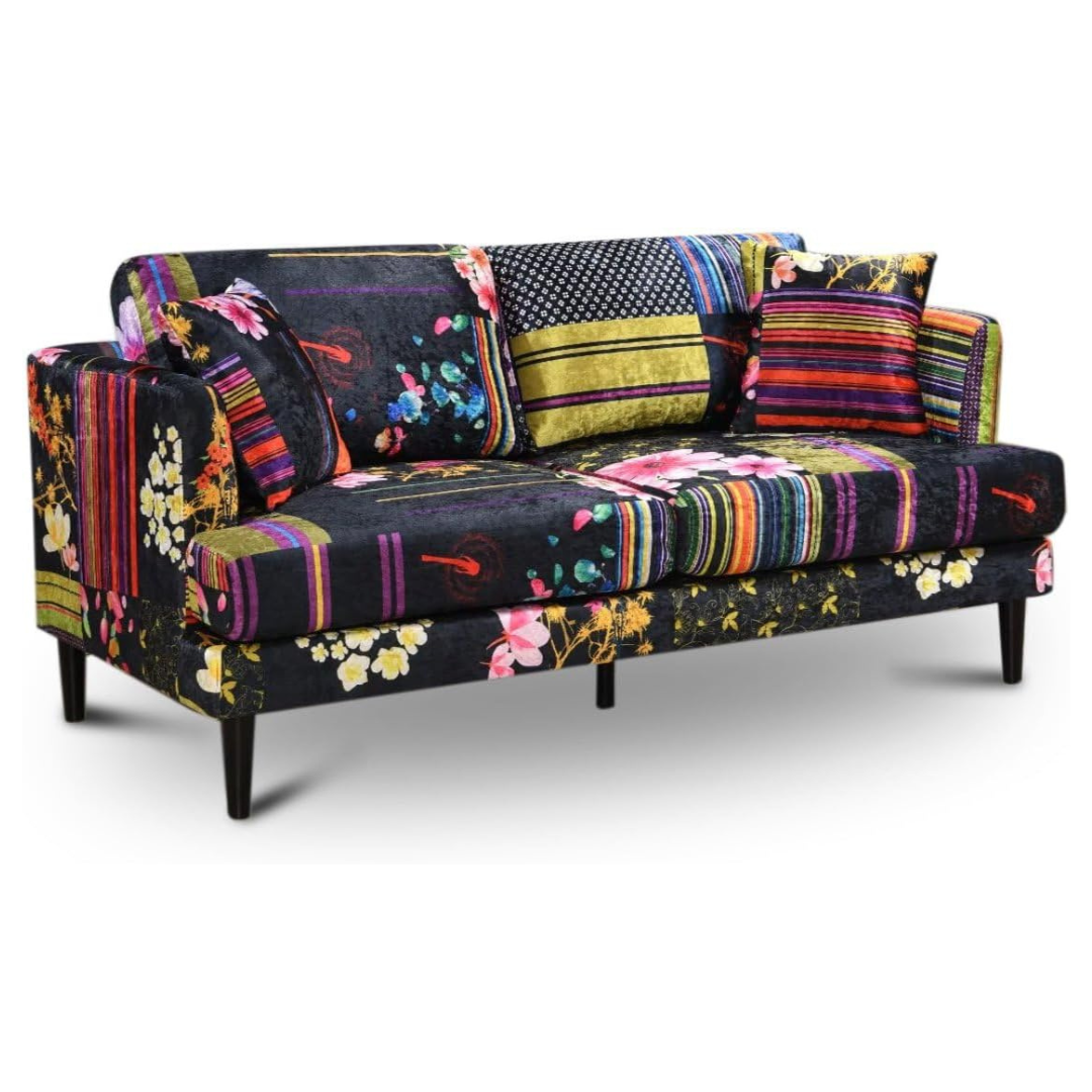 Black Multi Coloured Three Seater Patchwork Sofa, white background.