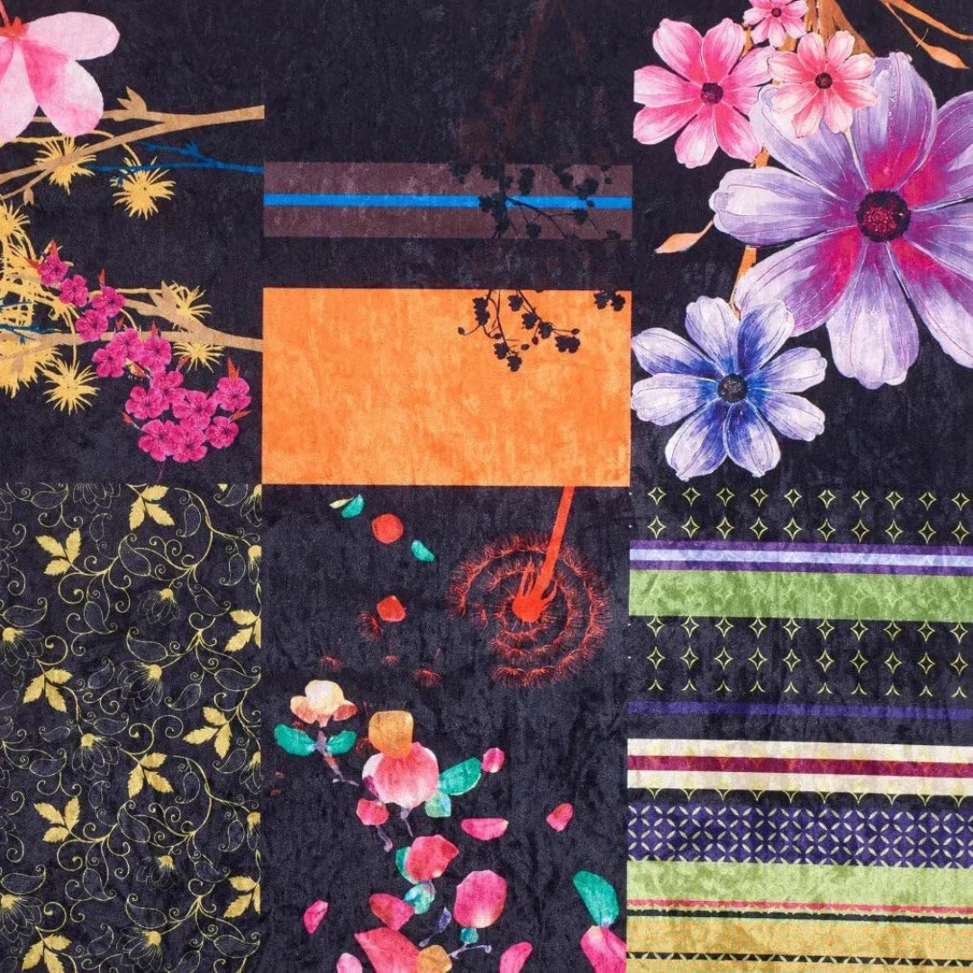 Black Multi Coloured Three Seater Patchwork Sofa, close up of patchwork design.