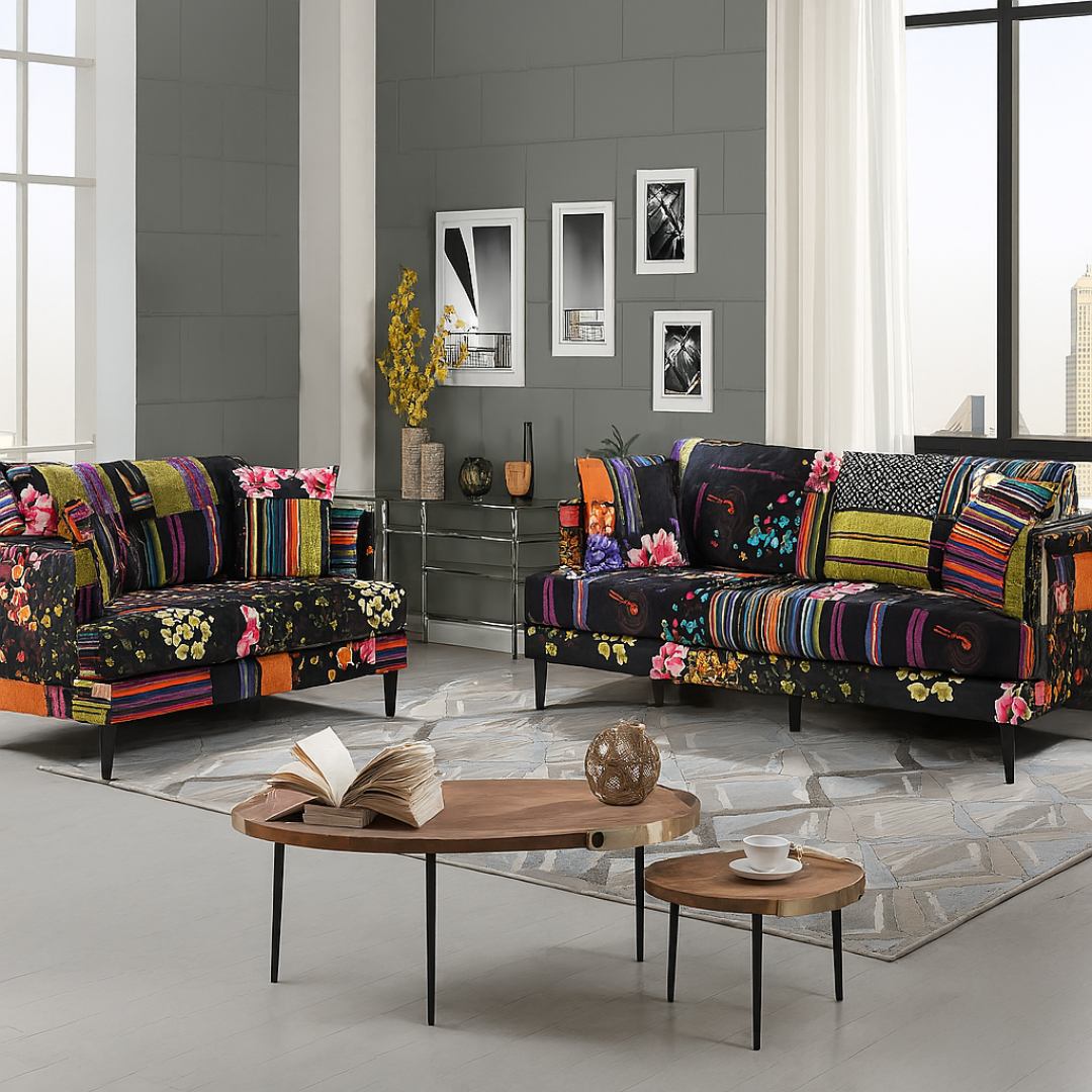Black Multi Coloured Two Seater Patchwork Sofa and three seater together in a modern living room.