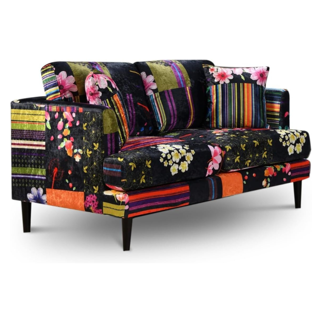 Black Multi Coloured Two Seater Patchwork Sofa, white background.