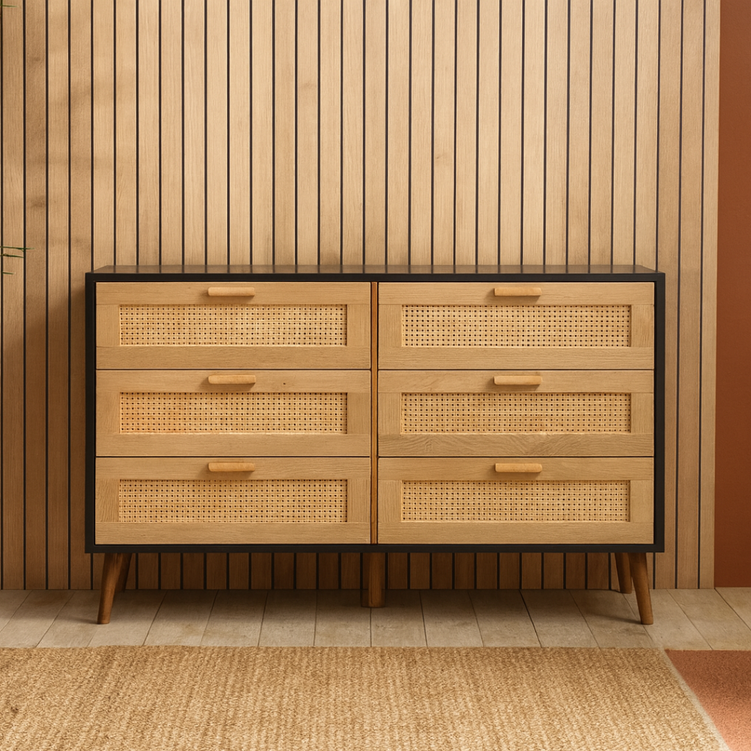 Black Six Drawer Woven Chest Of Drawers
