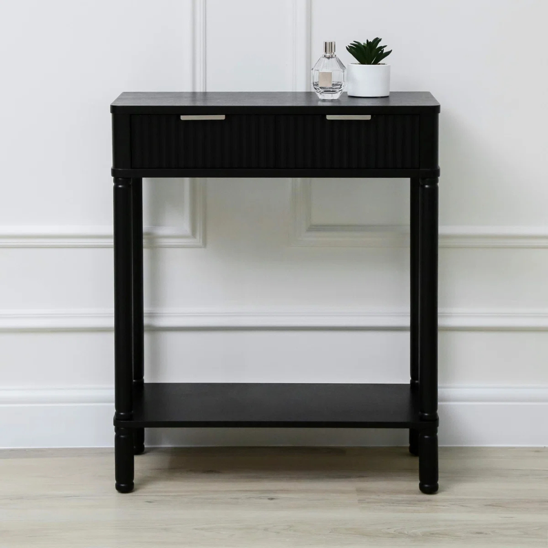 Black Traditional Hallway Table With Storage, model home, front view.