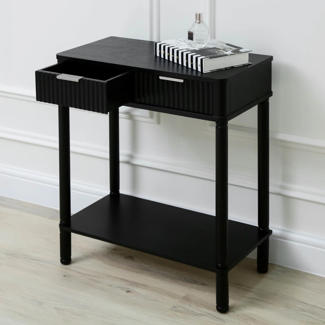 Black Traditional Hallway Table With Storage. angled view in model home.