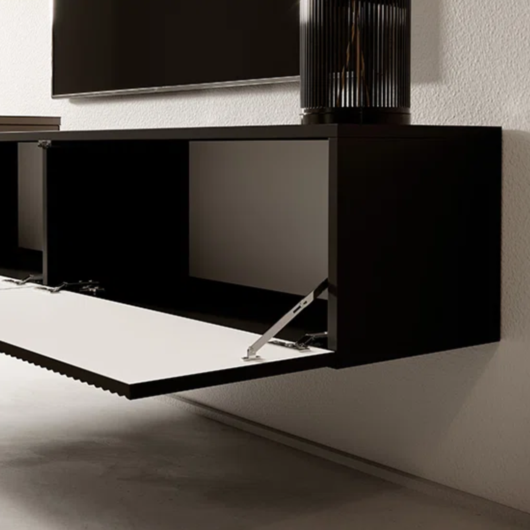 Black Wood Paneling Floating Wall Mounted TV Unit