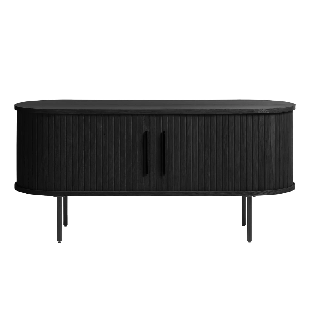Black oval tv unit with a ribbed texture on a white background